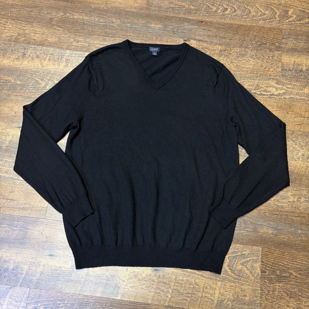 J Crew Merino Wool Sweater Pullover V-Neck Men's Large Black  Preppy Casual Knit